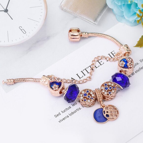 925 Blue Crystal Bead Themed Decorative Pendant Bracelet - Picture 5 of 5